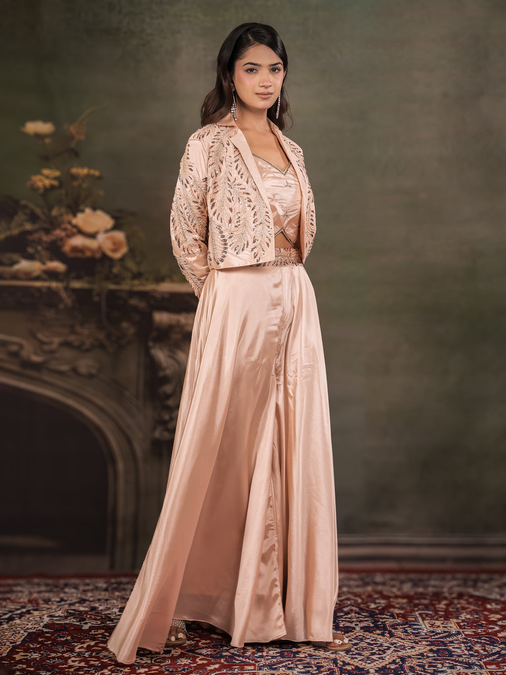 Champagne Beige Satin Co-Ord Set with Embroidered Crop Top, Designer Jacket & Wide-Leg Palazzo