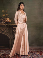 Champagne Beige Satin Co-Ord Set with Embroidered Crop Top, Designer Jacket & Wide-Leg Palazzo