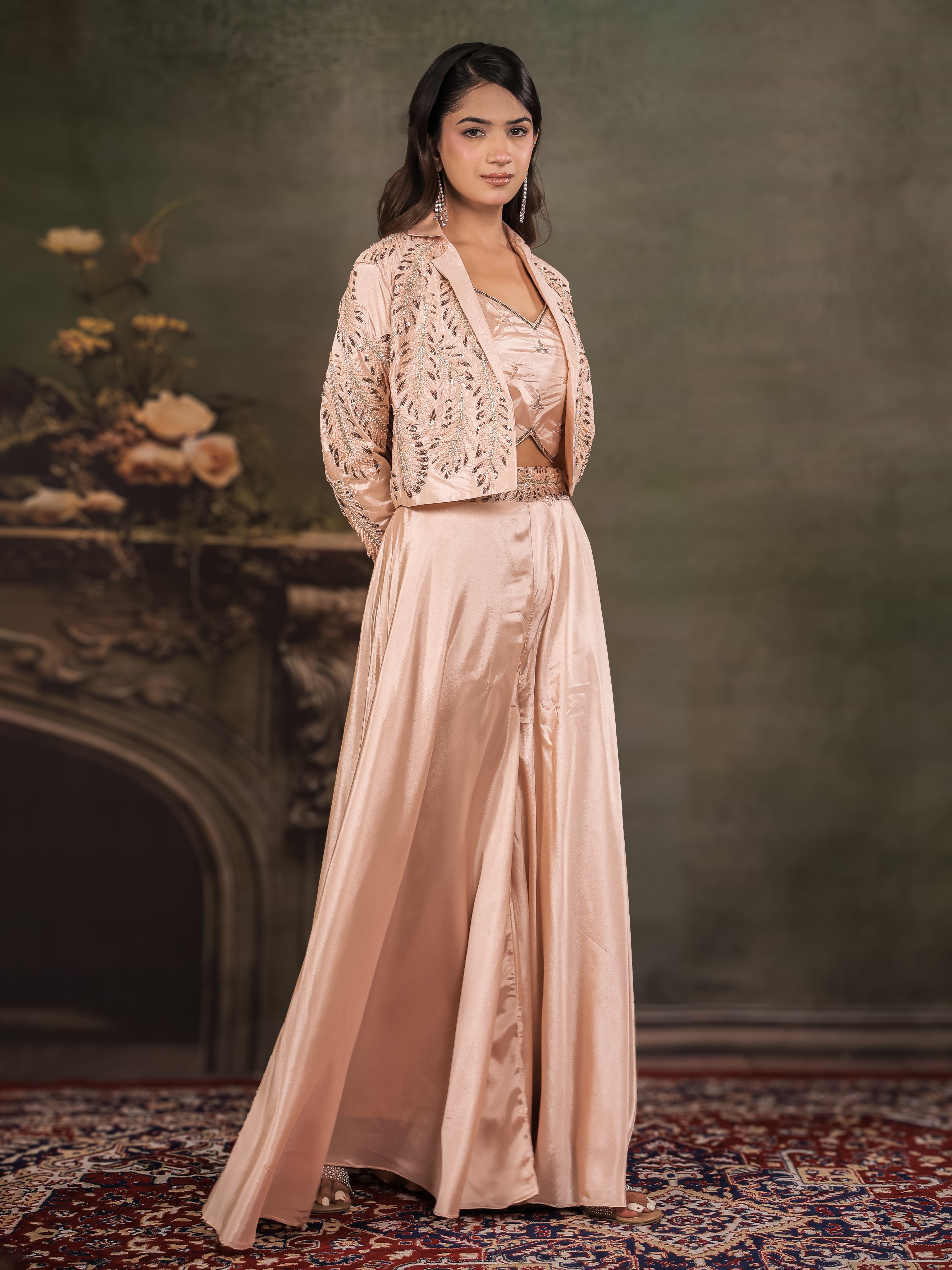 Champagne Beige Satin Co-Ord Set with Embroidered Crop Top, Designer Jacket & Wide-Leg Palazzo