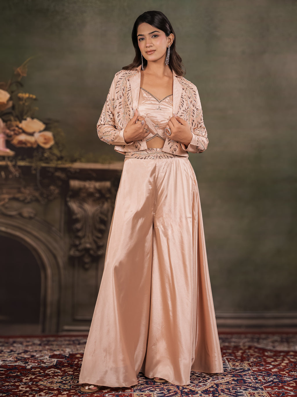Champagne Beige Satin Co-Ord Set with Embroidered Crop Top, Designer Jacket & Wide-Leg Palazzo