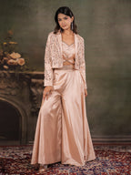 Champagne Beige Satin Co-Ord Set with Embroidered Crop Top, Designer Jacket & Wide-Leg Palazzo