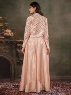 Champagne Beige Satin Co-Ord Set with Embroidered Crop Top, Designer Jacket & Wide-Leg Palazzo