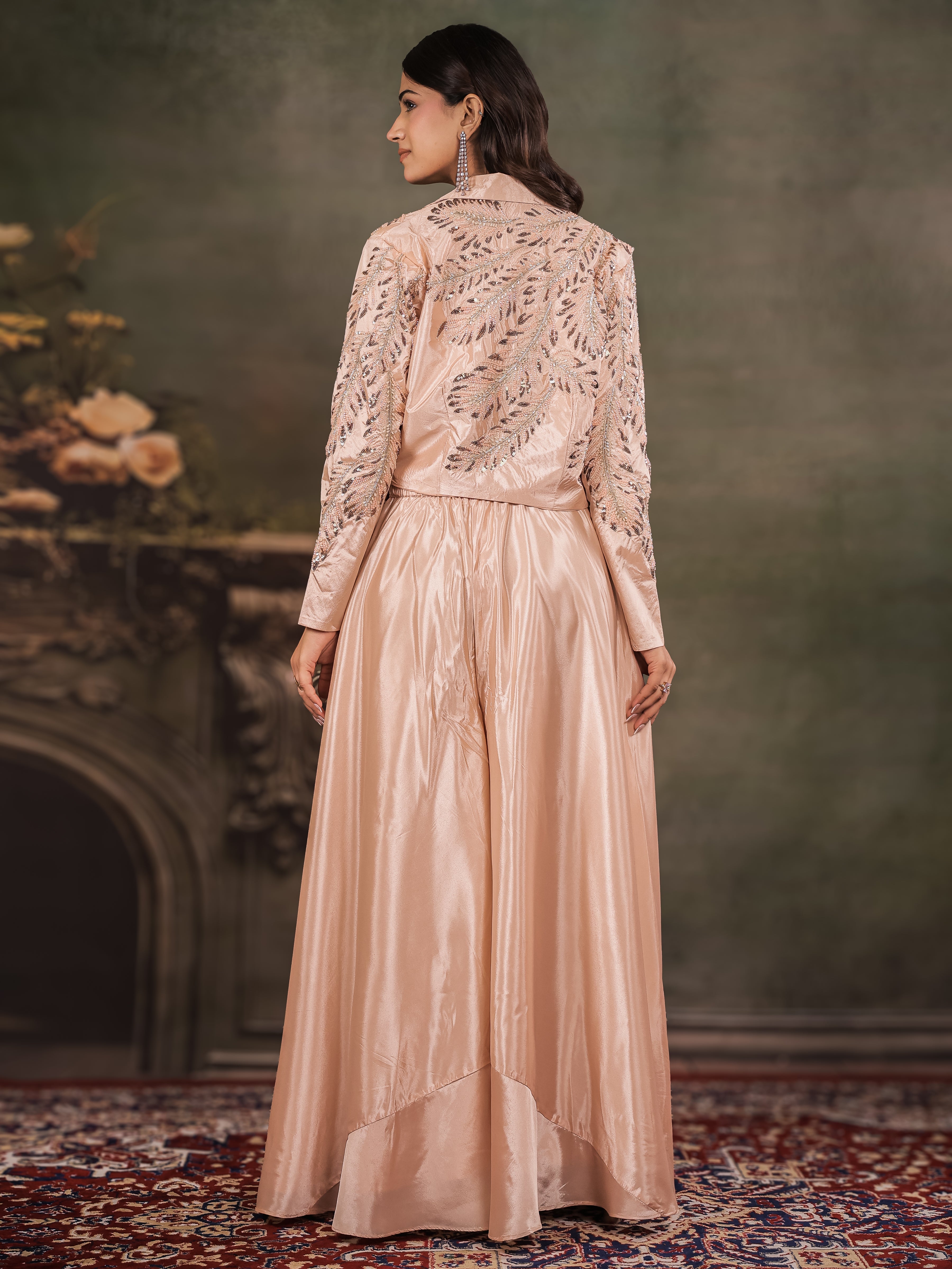 Champagne Beige Satin Co-Ord Set with Embroidered Crop Top, Designer Jacket & Wide-Leg Palazzo