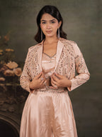 Champagne Beige Satin Co-Ord Set with Embroidered Crop Top, Designer Jacket & Wide-Leg Palazzo