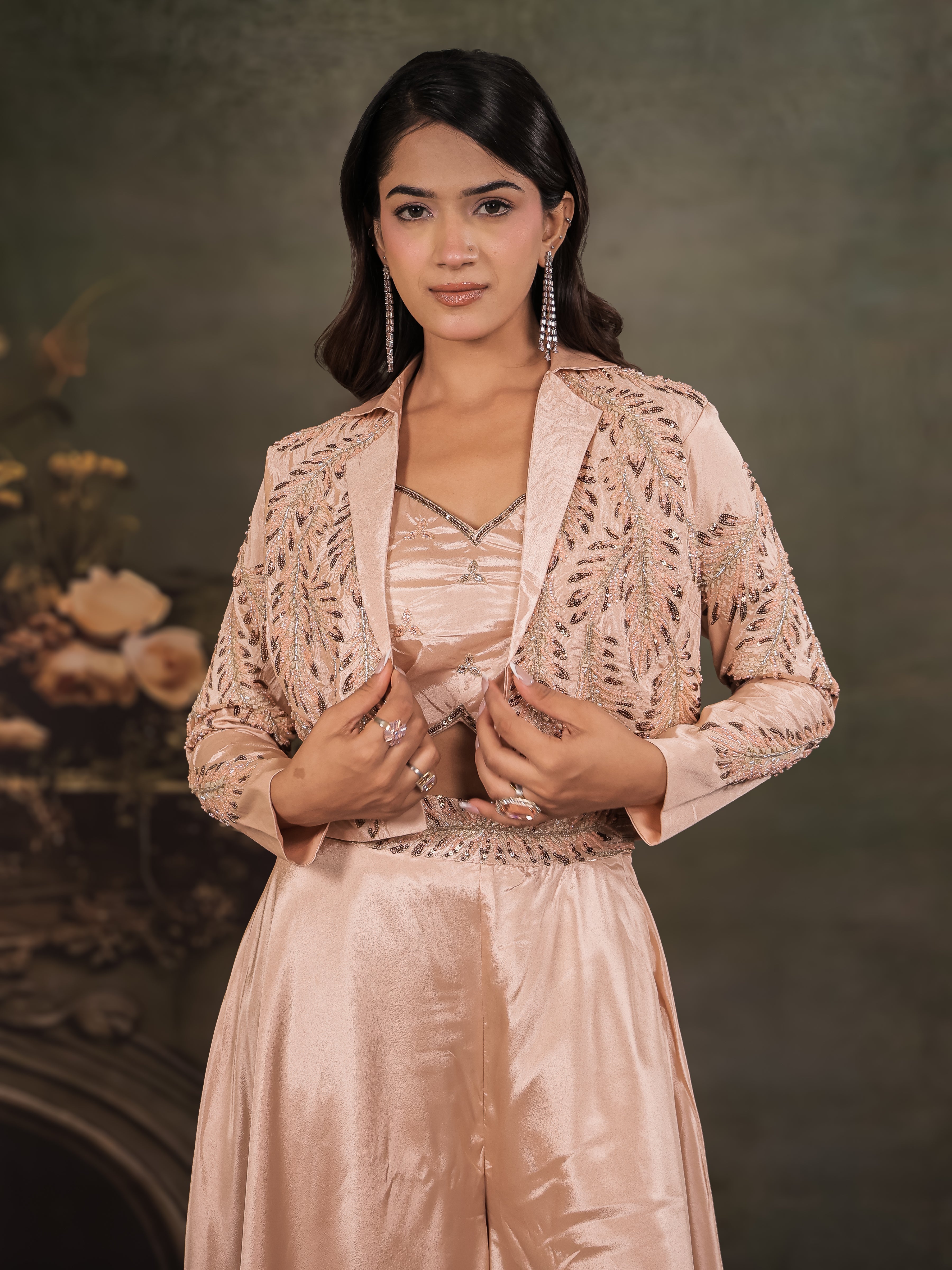 Champagne Beige Satin Co-Ord Set with Embroidered Crop Top, Designer Jacket & Wide-Leg Palazzo