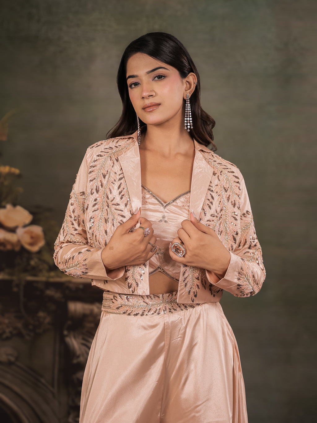 Champagne Beige Satin Co-Ord Set with Embroidered Crop Top, Designer Jacket & Wide-Leg Palazzo