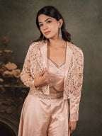 Champagne Beige Satin Co-Ord Set with Embroidered Crop Top, Designer Jacket & Wide-Leg Palazzo