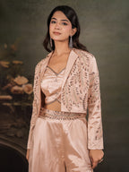 Champagne Beige Satin Co-Ord Set with Embroidered Crop Top, Designer Jacket & Wide-Leg Palazzo