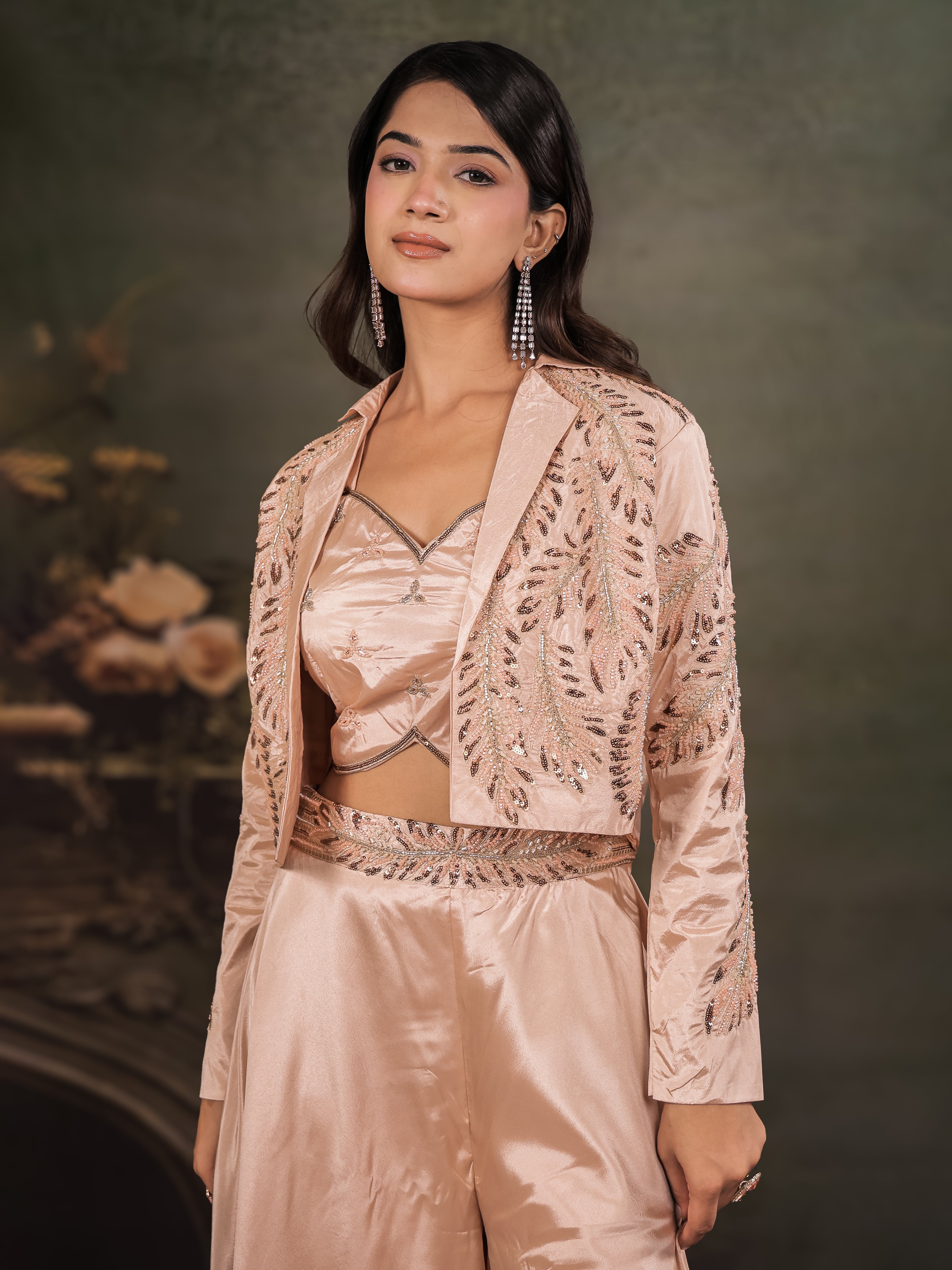 Champagne Beige Satin Co-Ord Set with Embroidered Crop Top, Designer Jacket & Wide-Leg Palazzo