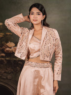 Champagne Beige Satin Co-Ord Set with Embroidered Crop Top, Designer Jacket & Wide-Leg Palazzo