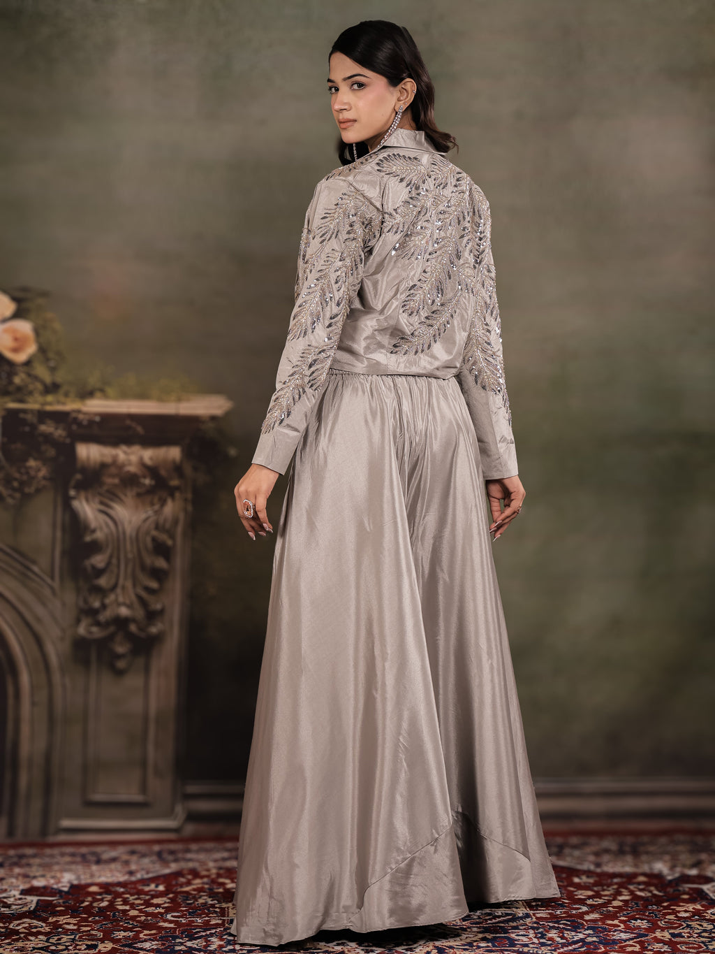 Silver Mist Satin Co-Ord Set with Embroidered Crop Top, Designer Jacket & Wide-Leg Palazzo