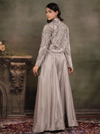 Silver Mist Satin Co-Ord Set with Embroidered Crop Top, Designer Jacket & Wide-Leg Palazzo
