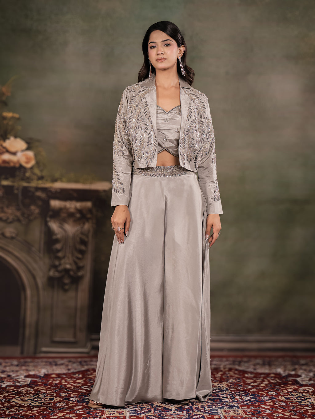 Silver Mist Satin Co-Ord Set with Embroidered Crop Top, Designer Jacket & Wide-Leg Palazzo