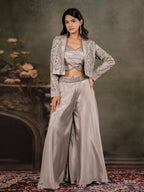 Silver Mist Satin Co-Ord Set with Embroidered Crop Top, Designer Jacket & Wide-Leg Palazzo