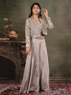 Silver Mist Satin Co-Ord Set with Embroidered Crop Top, Designer Jacket & Wide-Leg Palazzo