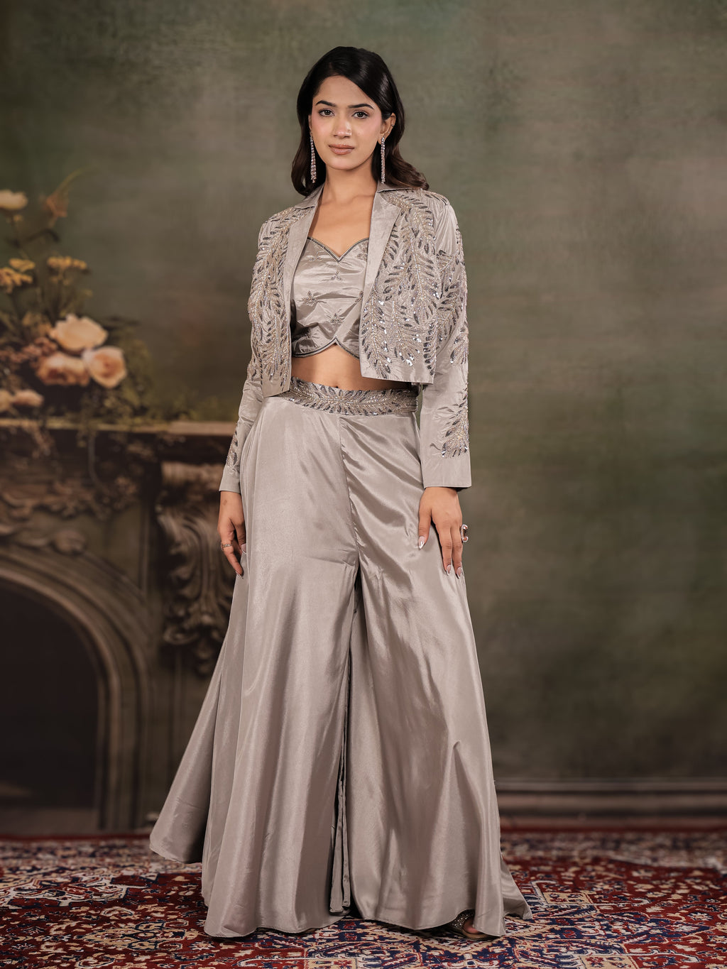 Silver Mist Satin Co-Ord Set with Embroidered Crop Top, Designer Jacket & Wide-Leg Palazzo