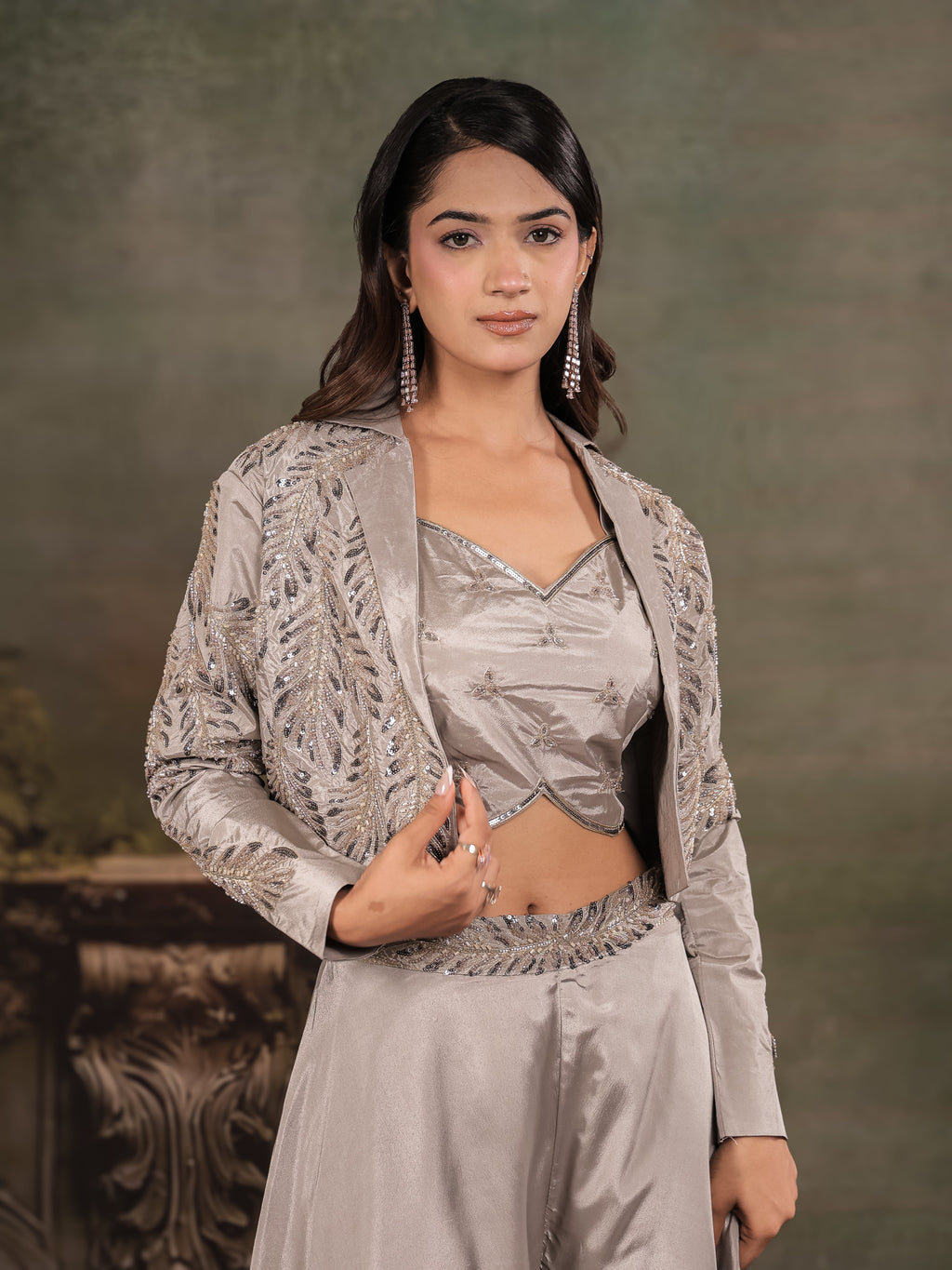 Silver Mist Satin Co-Ord Set with Embroidered Crop Top, Designer Jacket & Wide-Leg Palazzo