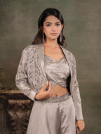 Silver Mist Satin Co-Ord Set with Embroidered Crop Top, Designer Jacket & Wide-Leg Palazzo