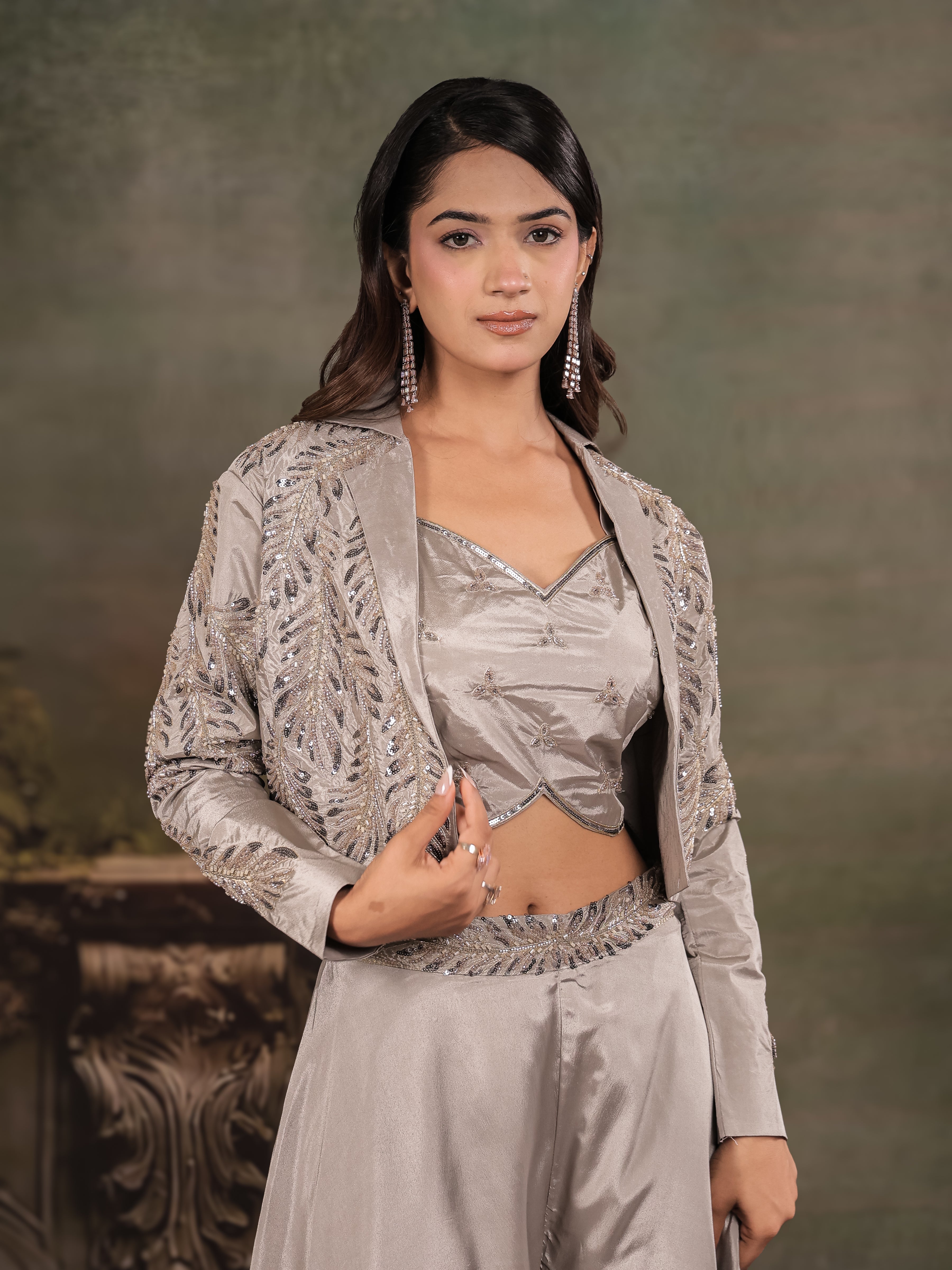 Silver Mist Satin Co-Ord Set with Embroidered Crop Top, Designer Jacket & Wide-Leg Palazzo