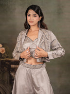 Silver Mist Satin Co-Ord Set with Embroidered Crop Top, Designer Jacket & Wide-Leg Palazzo