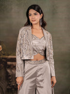 Silver Mist Satin Co-Ord Set with Embroidered Crop Top, Designer Jacket & Wide-Leg Palazzo