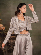 Silver Mist Satin Co-Ord Set with Embroidered Crop Top, Designer Jacket & Wide-Leg Palazzo