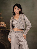 Silver Mist Satin Co-Ord Set with Embroidered Crop Top, Designer Jacket & Wide-Leg Palazzo