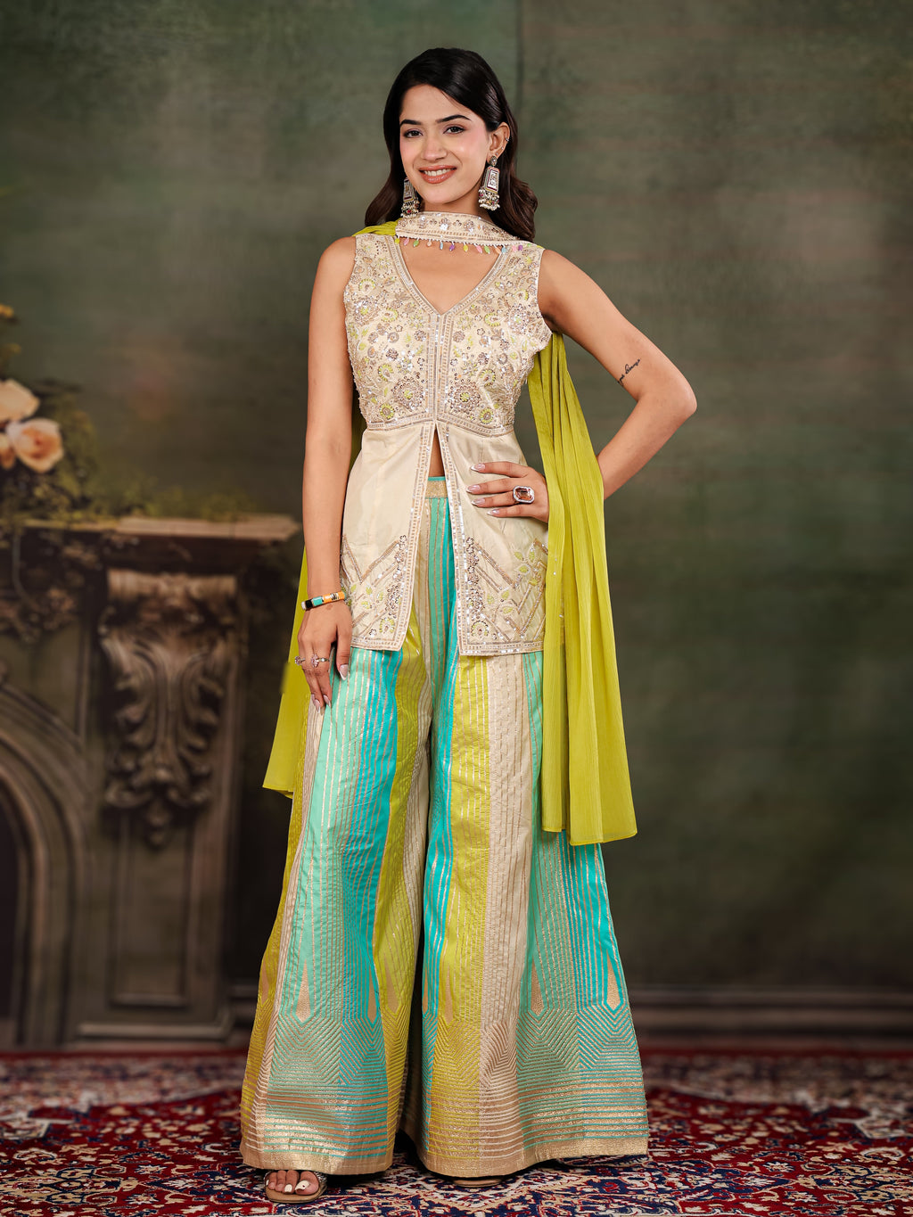 Ivory & Aqua Embroidered Kurta Set with Multicolour Palazzo & Lime Green Dupatta