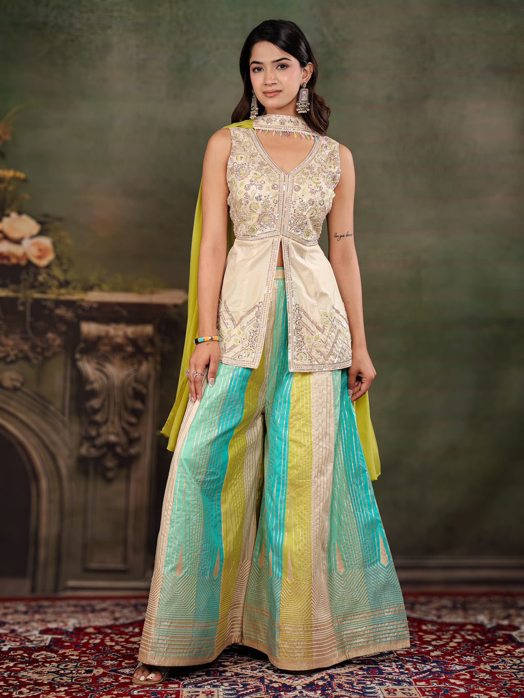 Ivory & Aqua Embroidered Kurta Set with Multicolour Palazzo & Lime Green Dupatta
