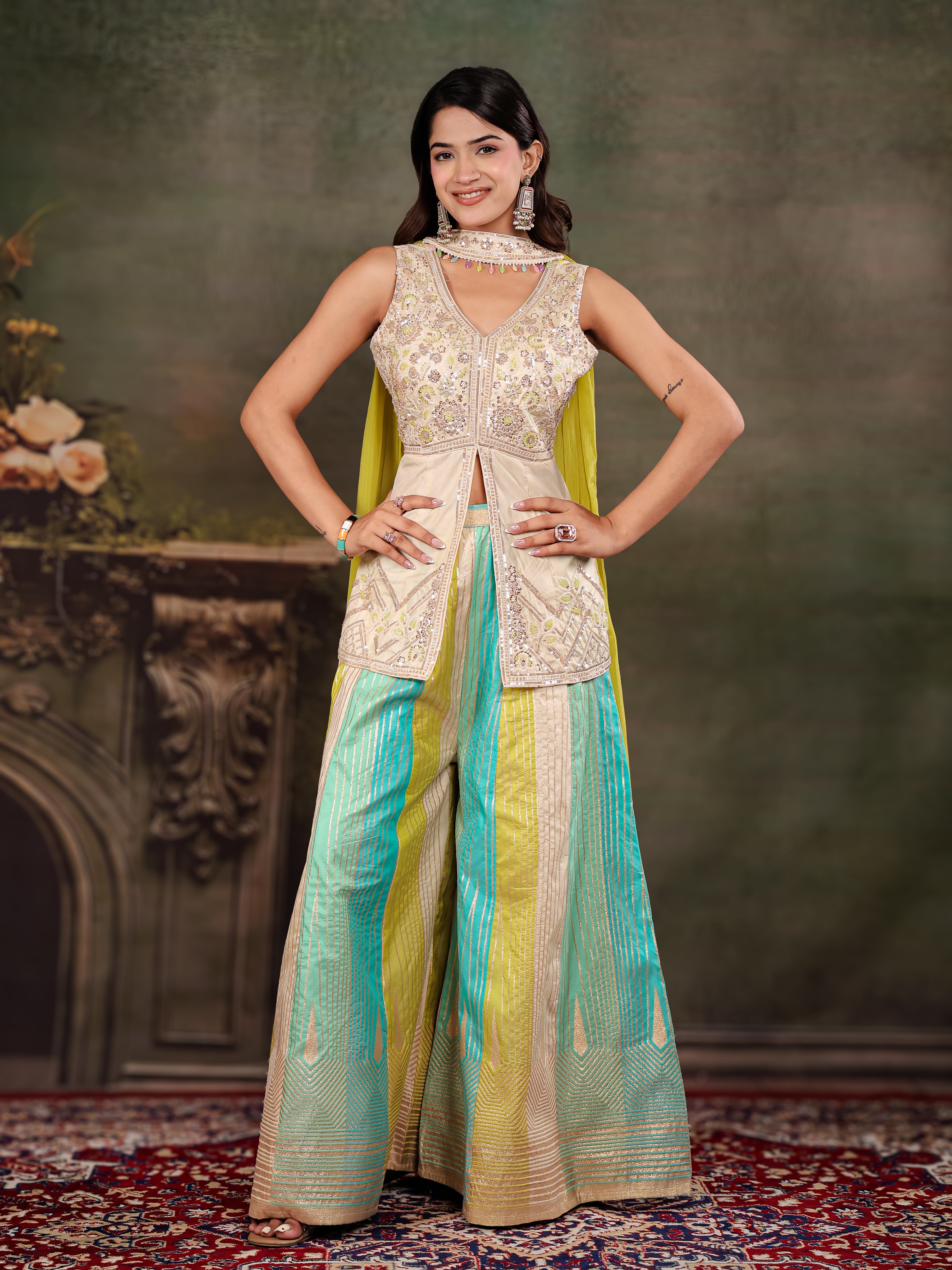 Ivory & Aqua Embroidered Kurta Set with Multicolour Palazzo & Lime Green Dupatta