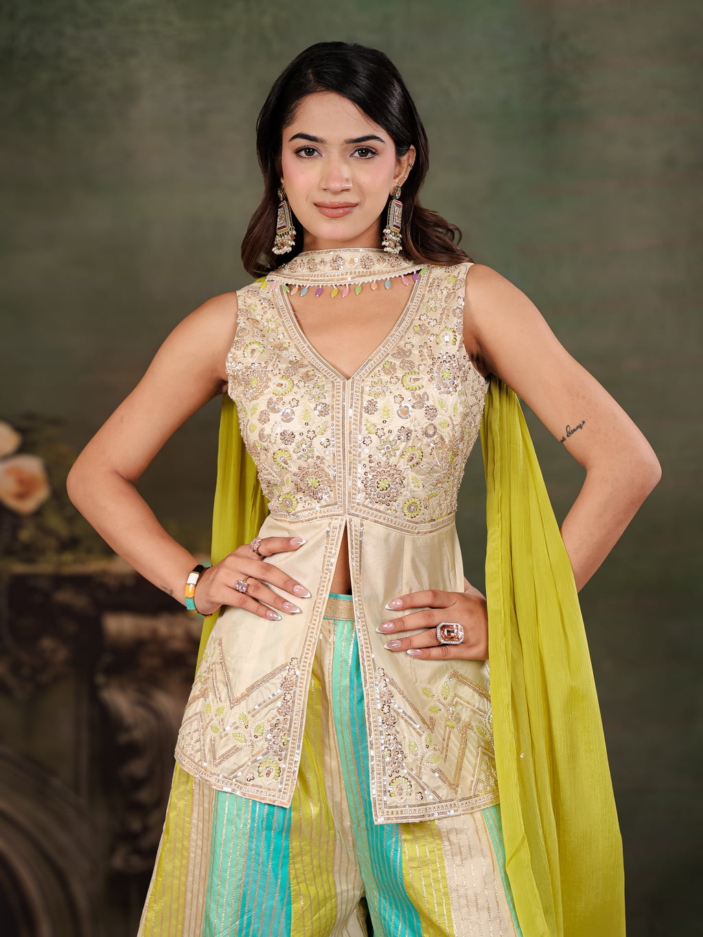Ivory & Aqua Embroidered Kurta Set with Multicolour Palazzo & Lime Green Dupatta