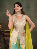 Ivory & Aqua Embroidered Kurta Set with Multicolour Palazzo & Lime Green Dupatta