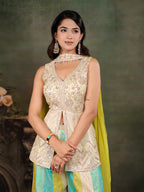 Ivory & Aqua Embroidered Kurta Set with Multicolour Palazzo & Lime Green Dupatta