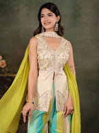 Ivory & Aqua Embroidered Kurta Set with Multicolour Palazzo & Lime Green Dupatta