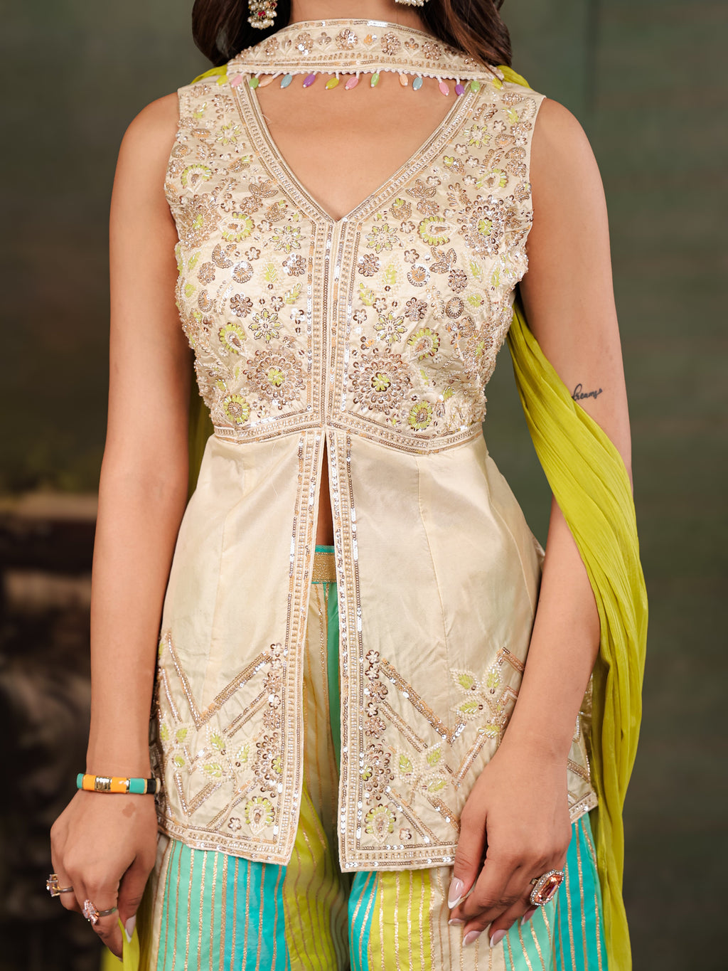 Ivory & Aqua Embroidered Kurta Set with Multicolour Palazzo & Lime Green Dupatta
