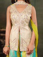 Ivory & Aqua Embroidered Kurta Set with Multicolour Palazzo & Lime Green Dupatta