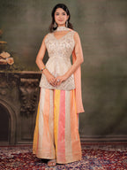 Ivory & Peach Embroidered Kurta Set with Multicolour Palazzo & Peach Dupatta