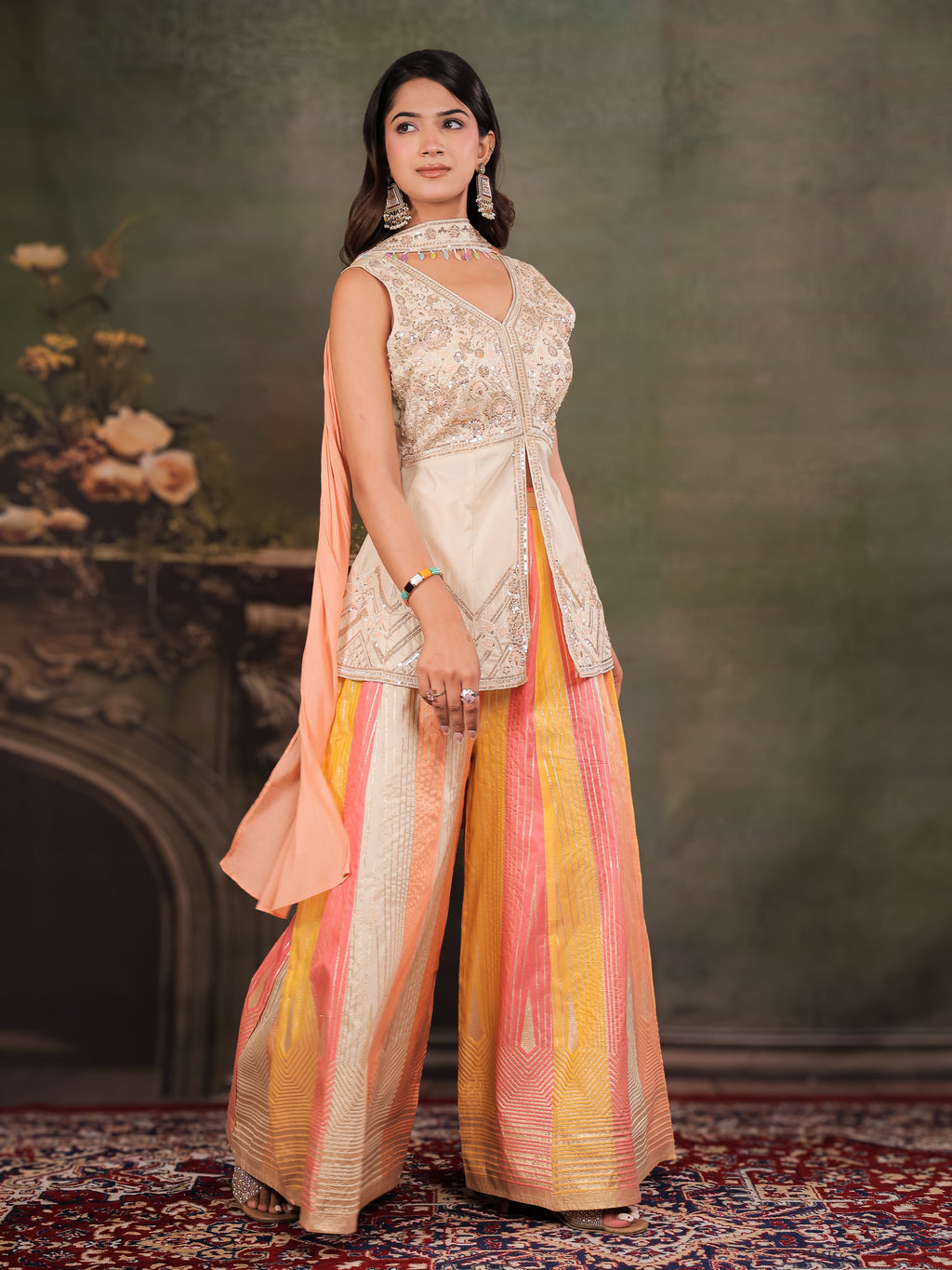 Ivory & Peach Embroidered Kurta Set with Multicolour Palazzo & Peach Dupatta