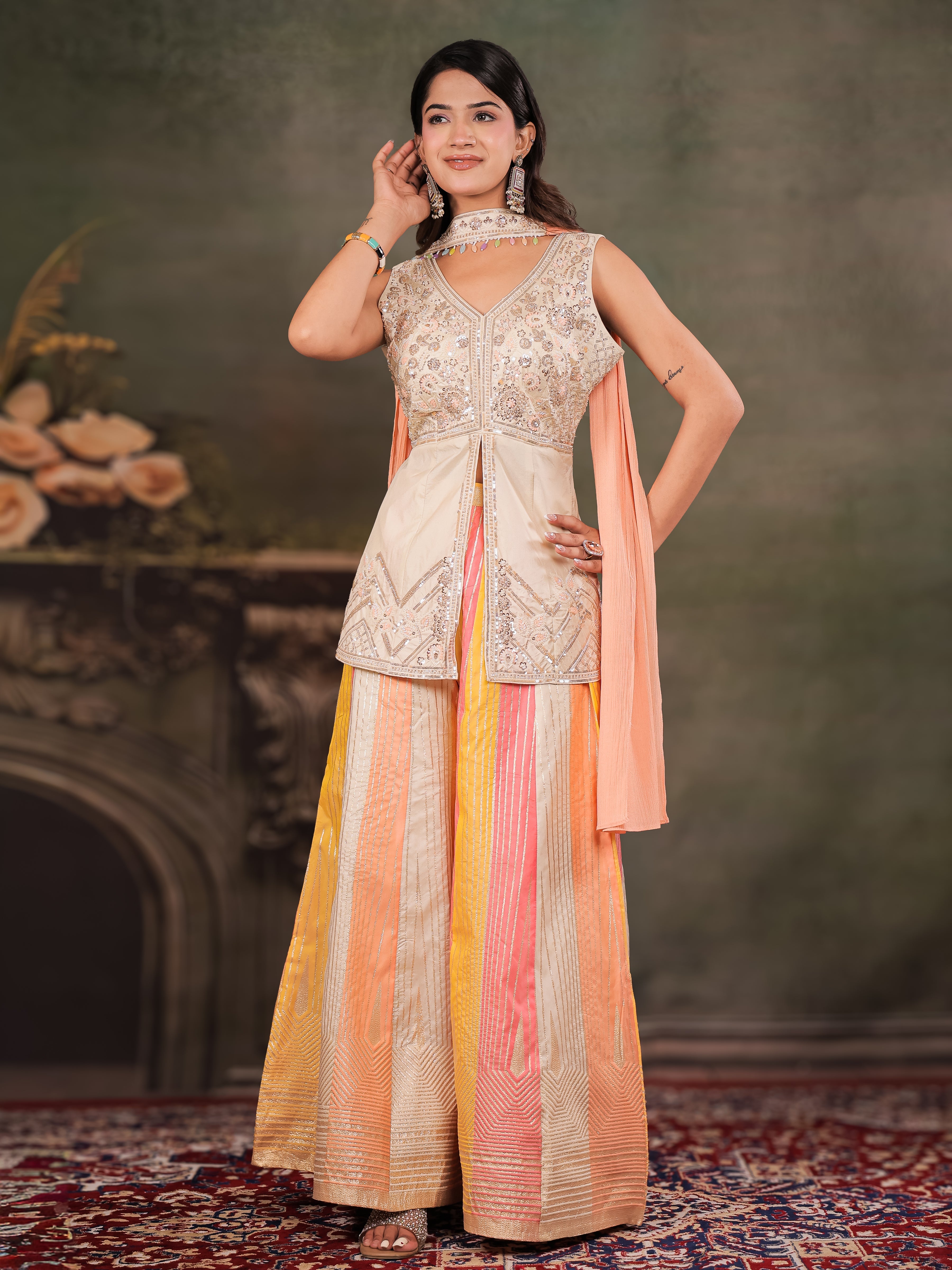 Ivory & Peach Embroidered Kurta Set with Multicolour Palazzo & Peach Dupatta