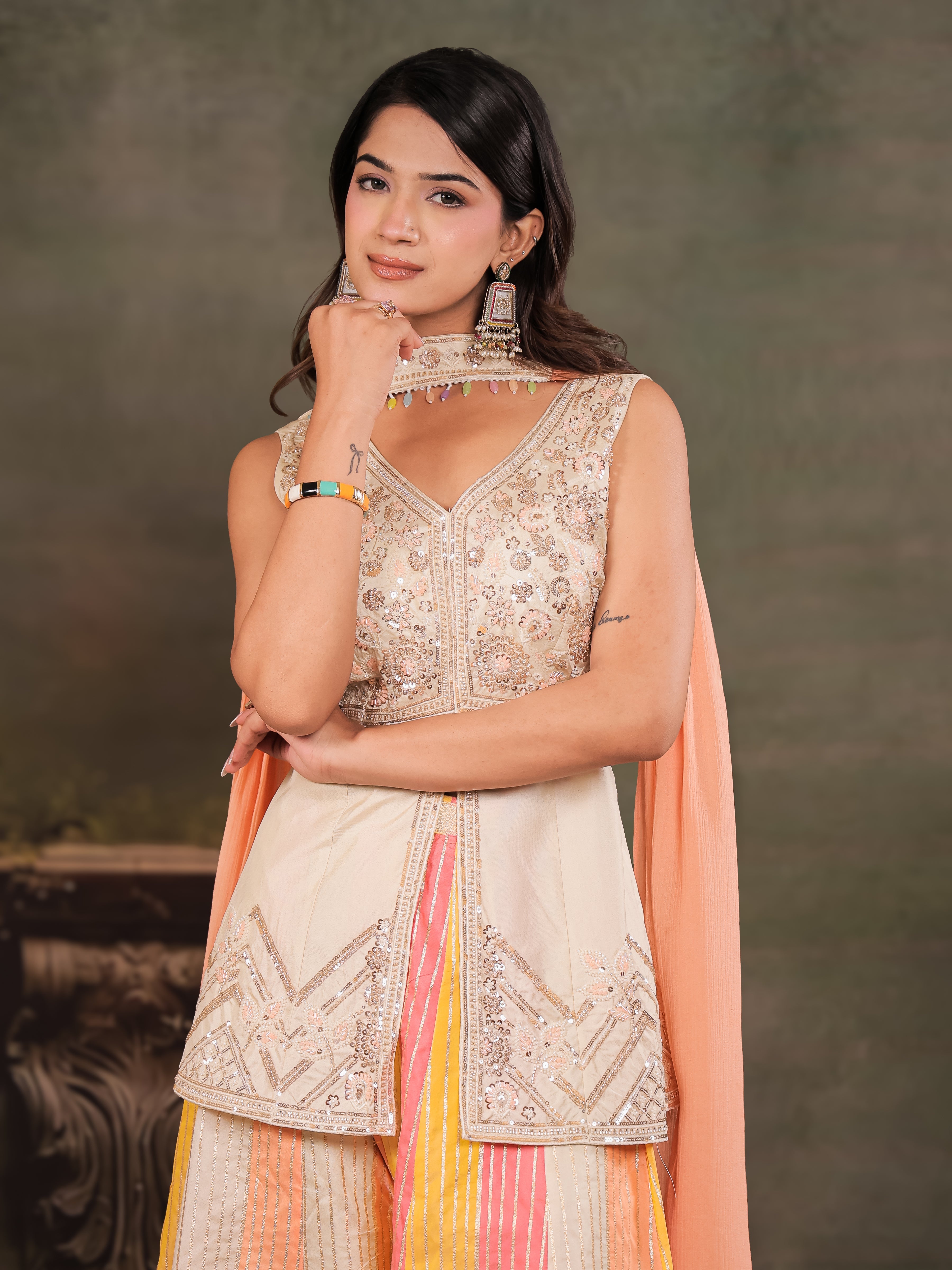 Ivory & Peach Embroidered Kurta Set with Multicolour Palazzo & Peach Dupatta