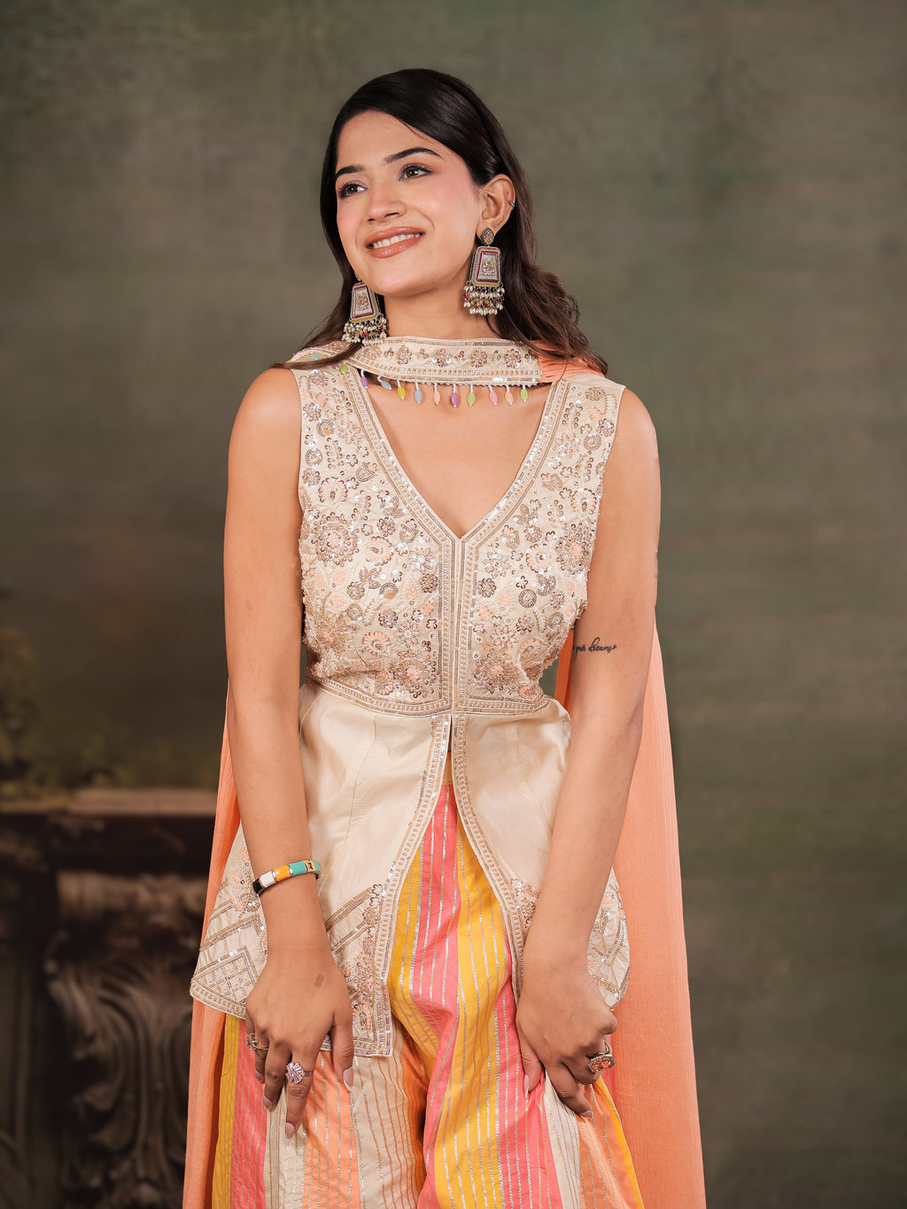Ivory & Peach Embroidered Kurta Set with Multicolour Palazzo & Peach Dupatta