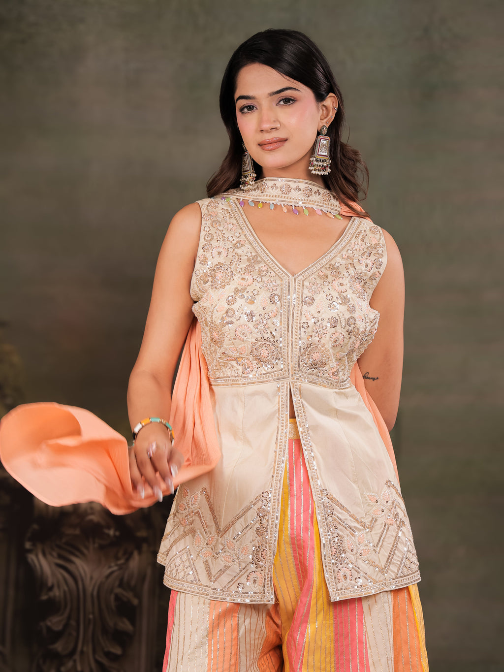 Ivory & Peach Embroidered Kurta Set with Multicolour Palazzo & Peach Dupatta