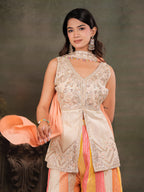 Ivory & Peach Embroidered Kurta Set with Multicolour Palazzo & Peach Dupatta