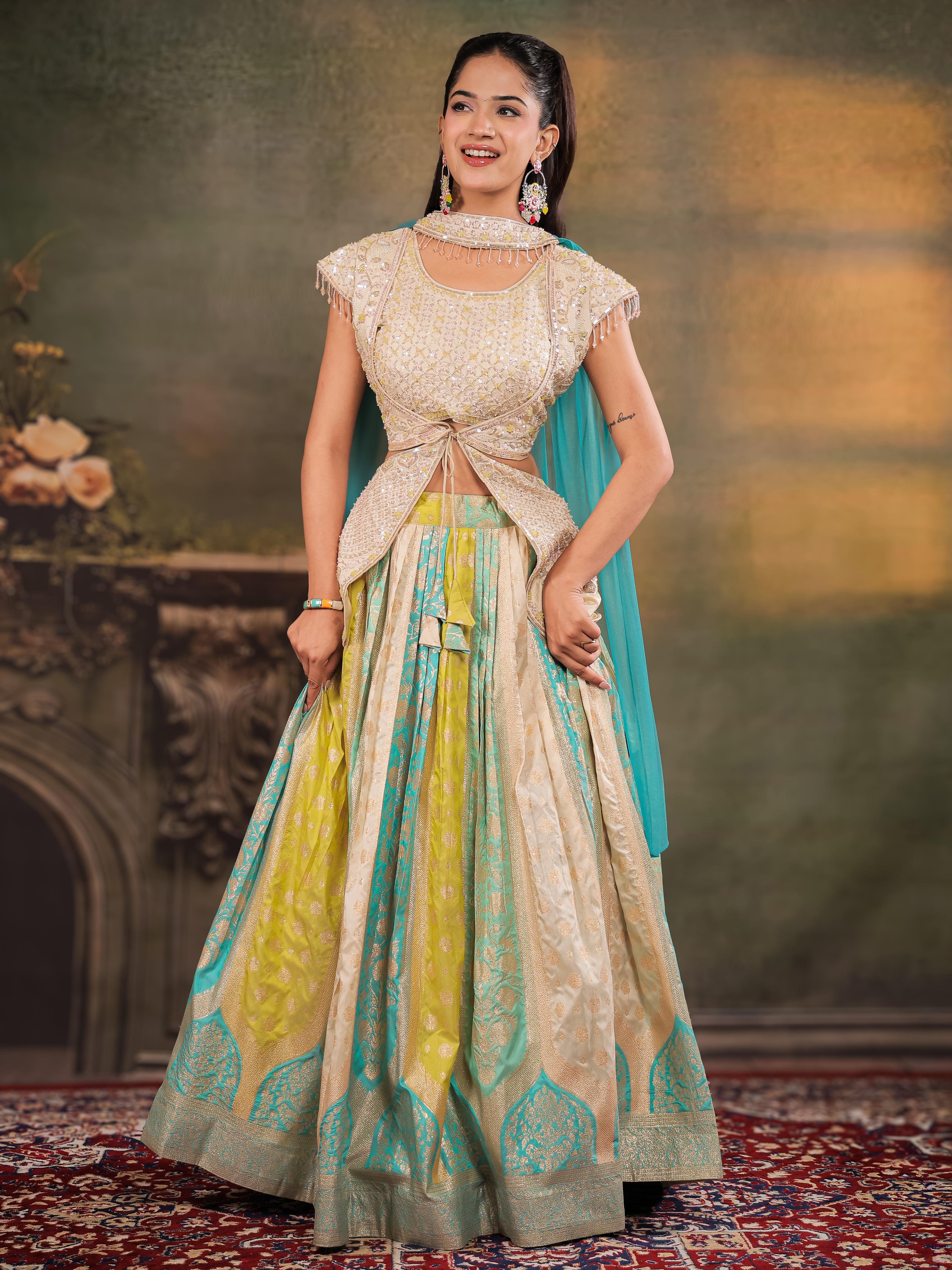 Ivory, Aqua & Lime Green Embroidered Lehenga Set with Designer Peplum Top & Aqua Dupatta