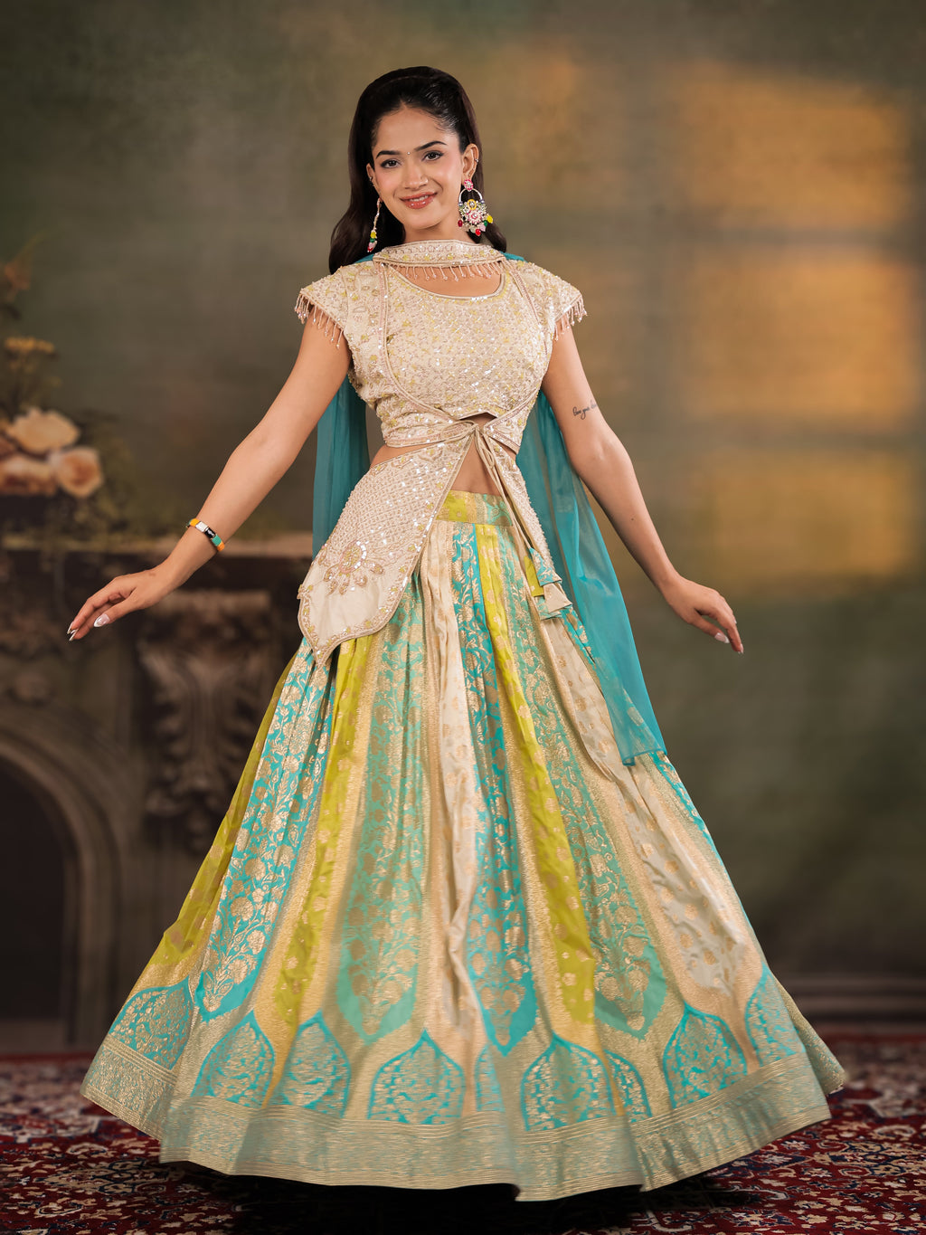 Ivory, Aqua & Lime Green Embroidered Lehenga Set with Designer Peplum Top & Aqua Dupatta