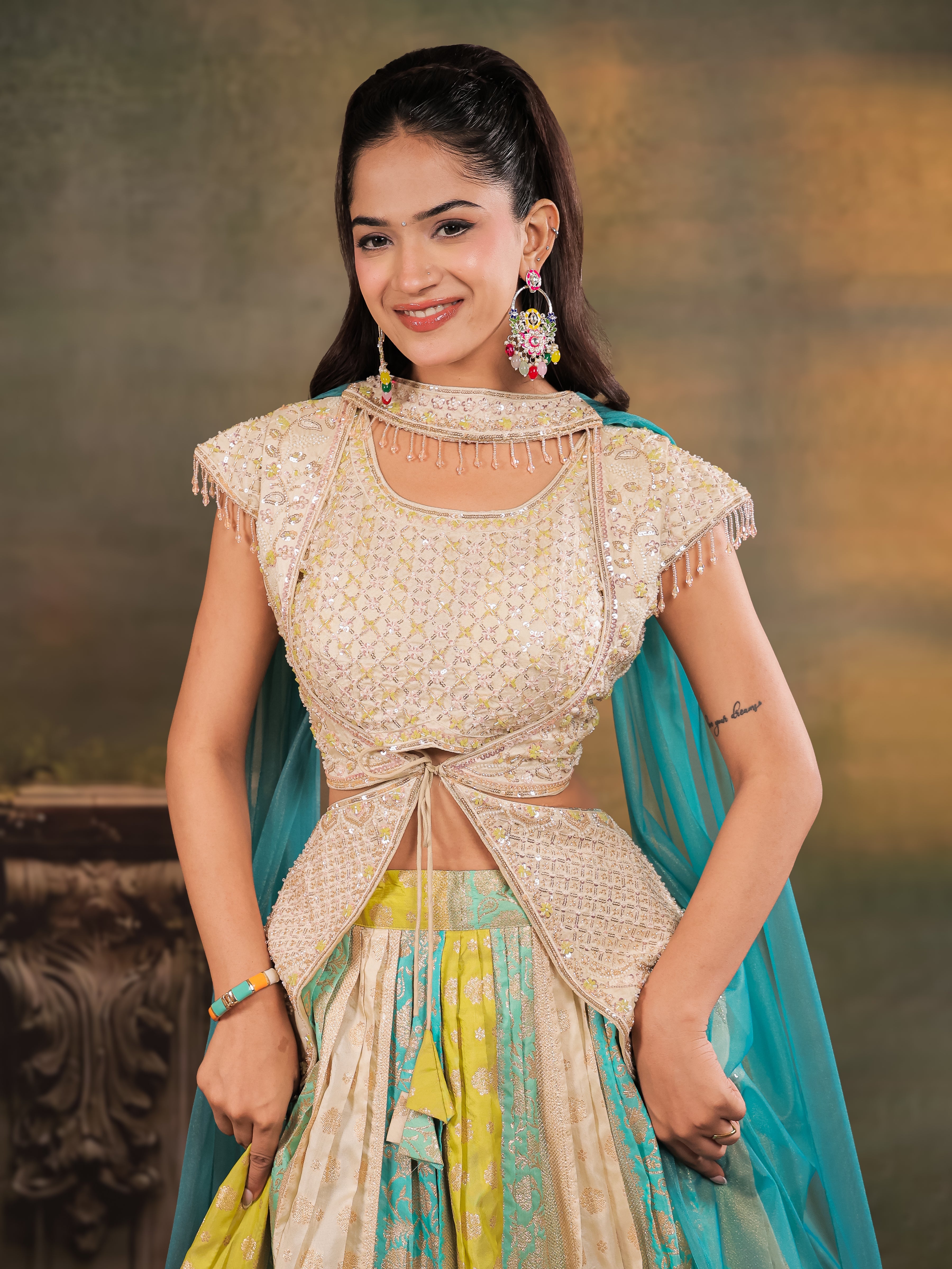 Ivory, Aqua & Lime Green Embroidered Lehenga Set with Designer Peplum Top & Aqua Dupatta