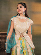Ivory, Aqua & Lime Green Embroidered Lehenga Set with Designer Peplum Top & Aqua Dupatta