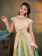 Ivory, Aqua & Lime Green Embroidered Lehenga Set with Designer Peplum Top & Aqua Dupatta