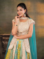 Ivory, Aqua & Lime Green Embroidered Lehenga Set with Designer Peplum Top & Aqua Dupatta