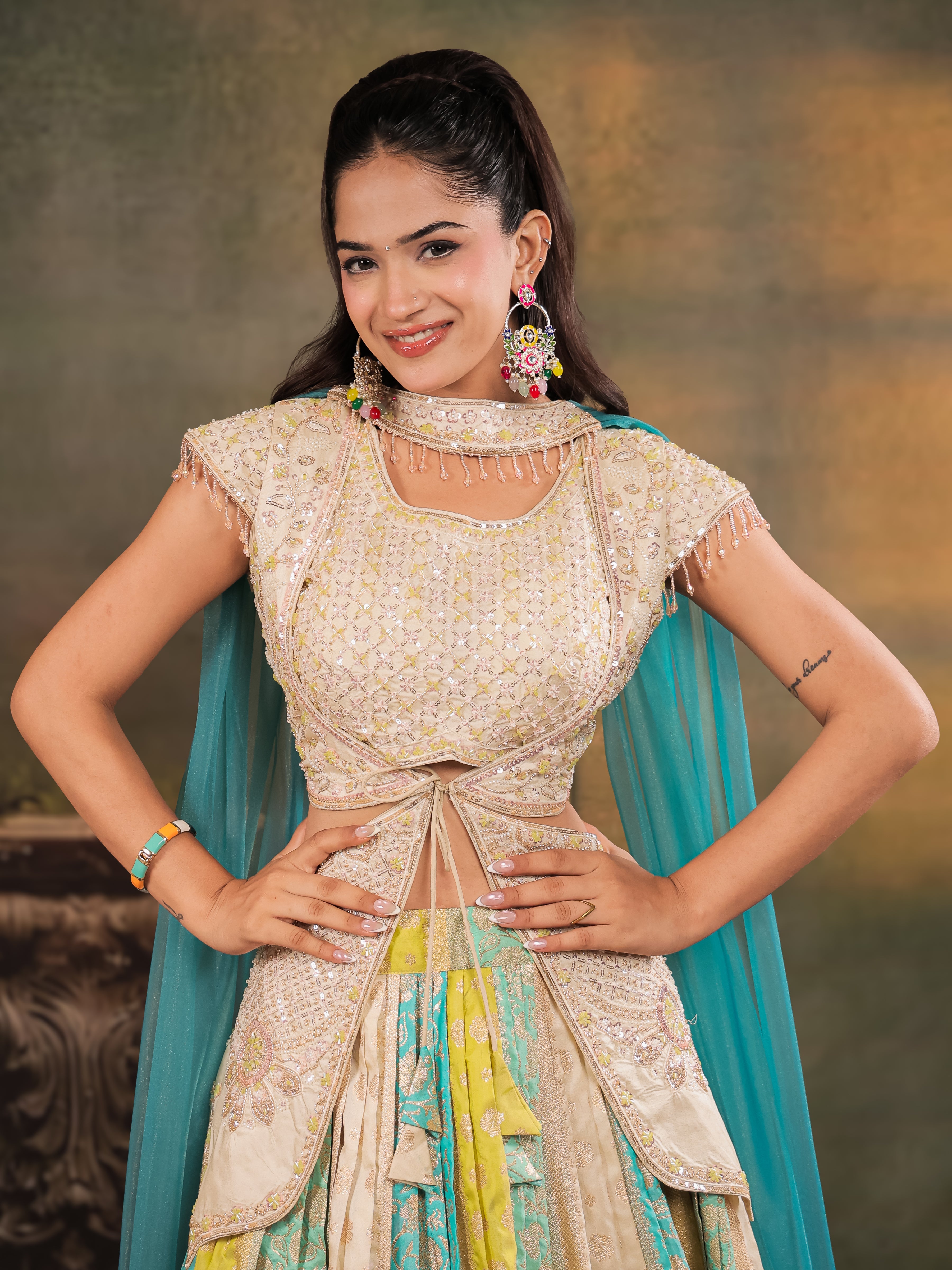Ivory, Aqua & Lime Green Embroidered Lehenga Set with Designer Peplum Top & Aqua Dupatta